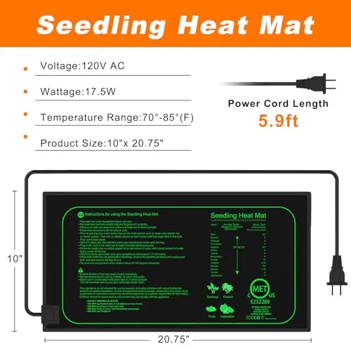 10"x 20.75" Seedling Heat Mat- UL & MET-Certified Warm Hydroponic Heating Pad for Germination, Indoor Gardening, Greenhouse (1 Pack)