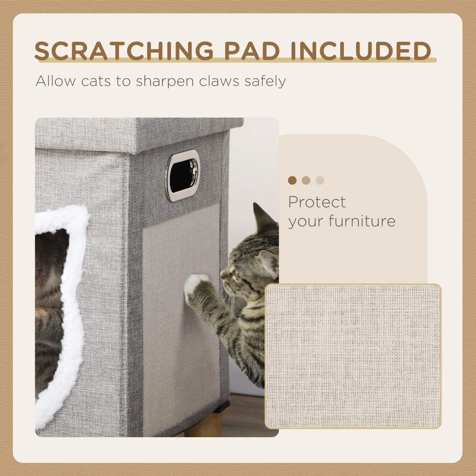 2 in 1 Cat Bed Ottoman Comfortable Cat Sleeping Cave HouseWith Removable Cushion Scratching Pad Handles Anti-Slip Foot Pad Toy Ball Grey