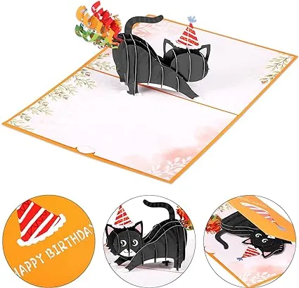 3D Birthday Card,Pop Up Cat Greeting Card,Friendship Card,Gift Card,Surprise Card,Encouragement Card,Black Cat
