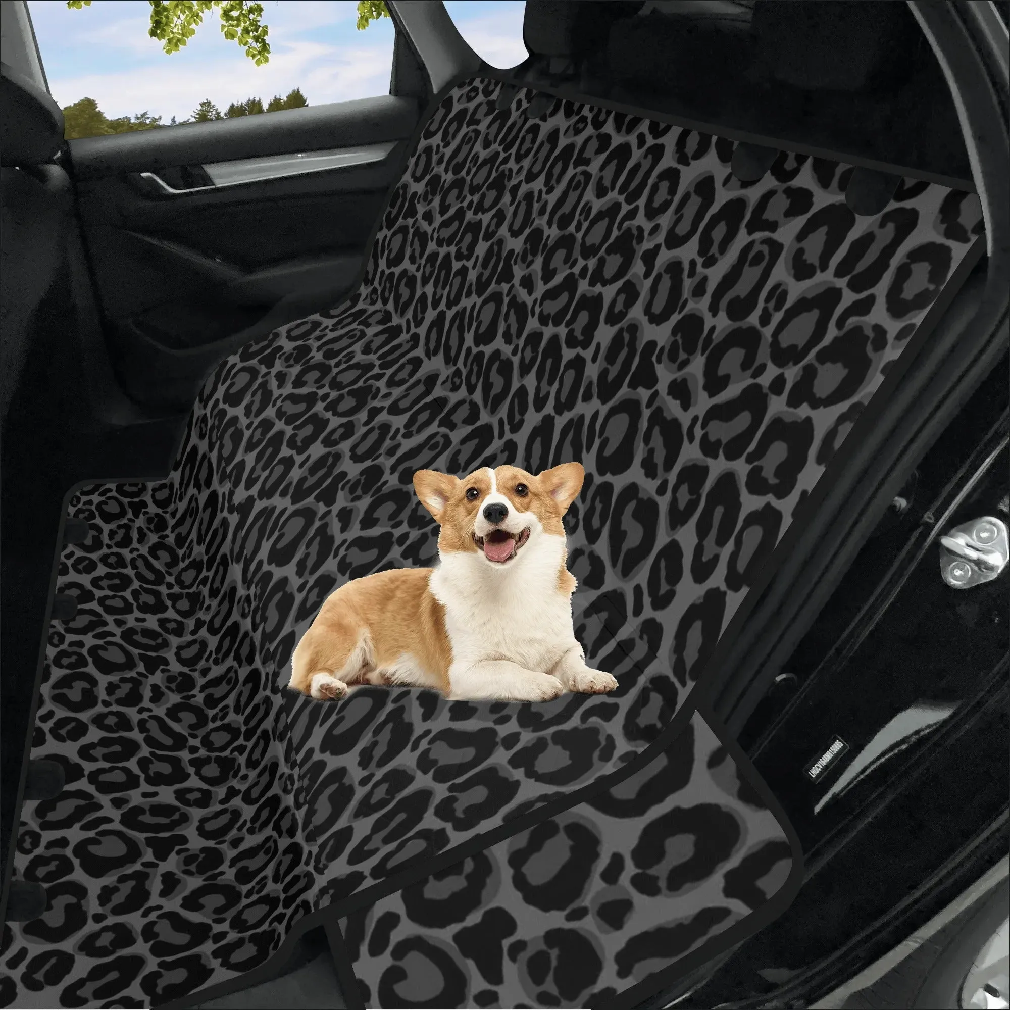 Black Grey Leopard Dog Back Seat Cover, Animal Print Cheetah Cat Protector Pets Waterproof Washable Vehicle Blanket SUV Auto Truck Accessory