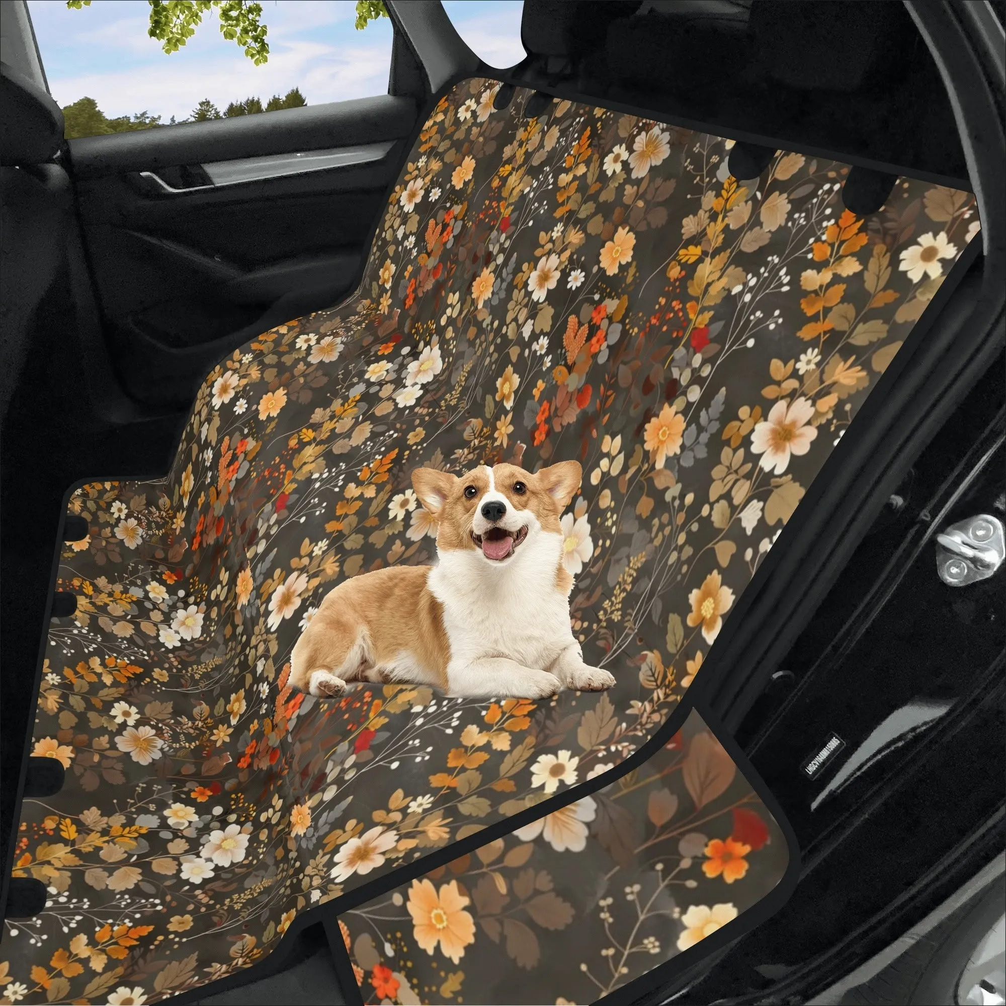 Brown Floral Dog Back Seat Car Cover, Flowers Cat Rear Protector Pets Waterproof Washable Vehicle Blanket SUV Auto Truck Hammock