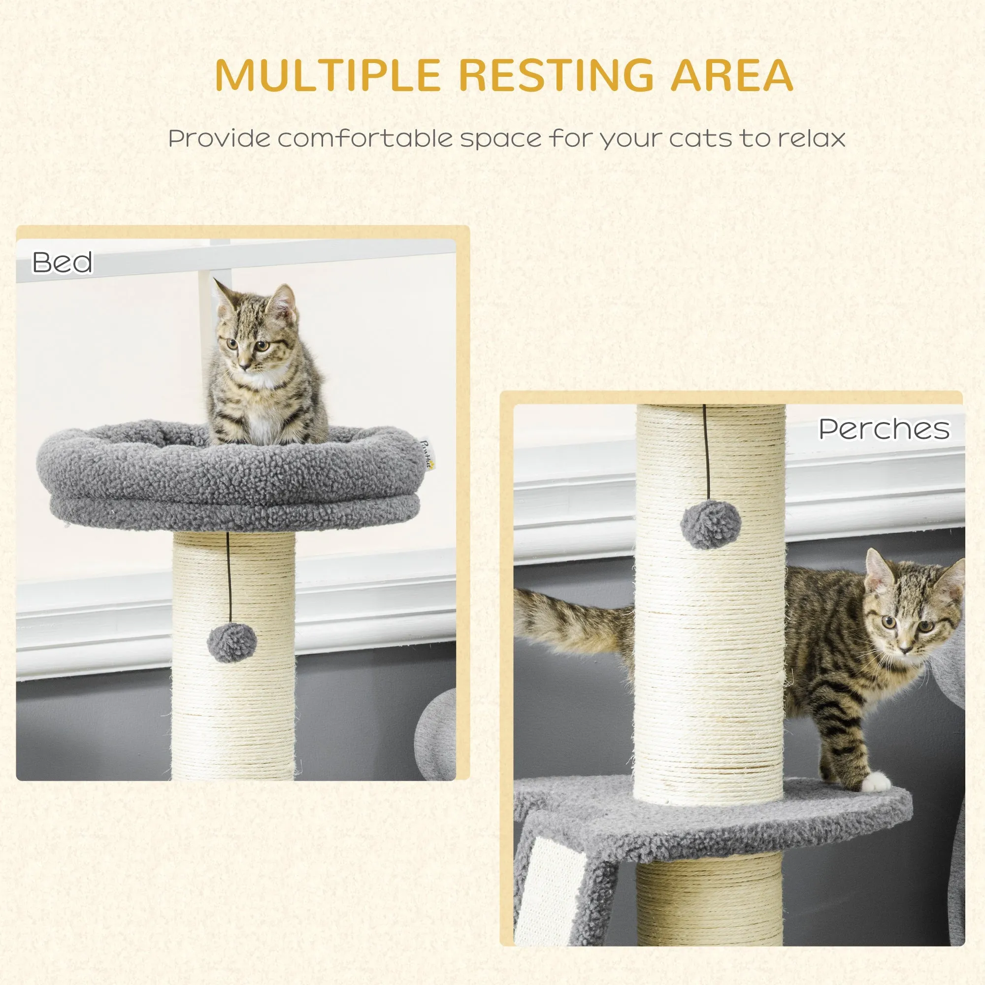Cat Tree Cat Tower with Cat Scratching Posts Pad Bed Toy Ball for Cats under 6 Kg Dark Grey & Beige