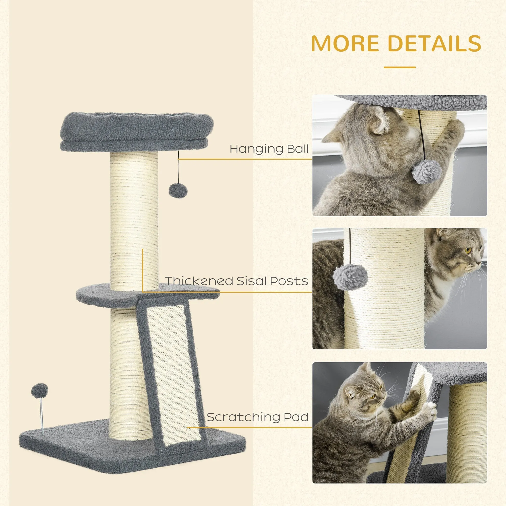 Cat Tree Cat Tower with Cat Scratching Posts Pad Bed Toy Ball for Cats under 6 Kg Dark Grey & Beige
