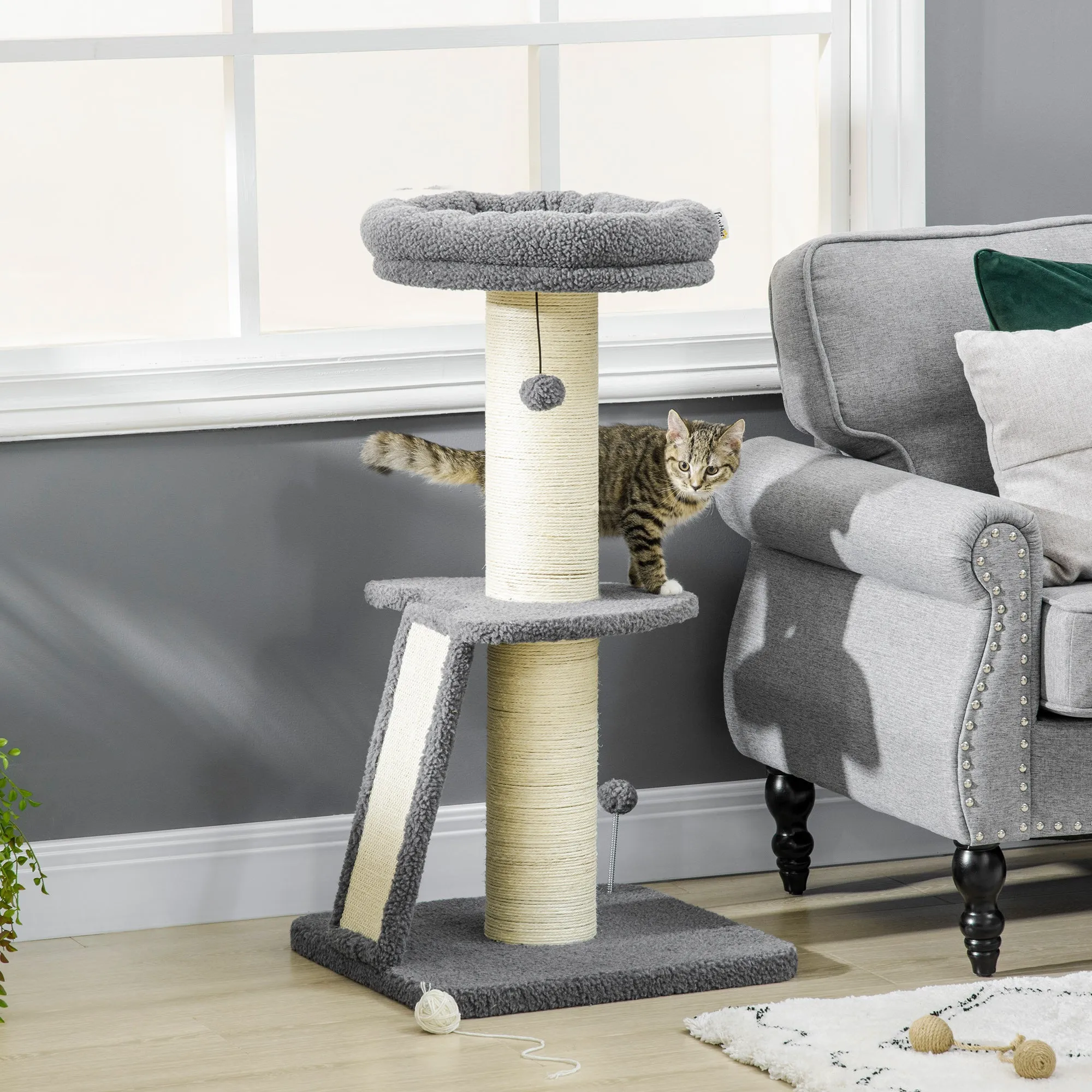 Cat Tree Cat Tower with Cat Scratching Posts Pad Bed Toy Ball for Cats under 6 Kg Dark Grey & Beige