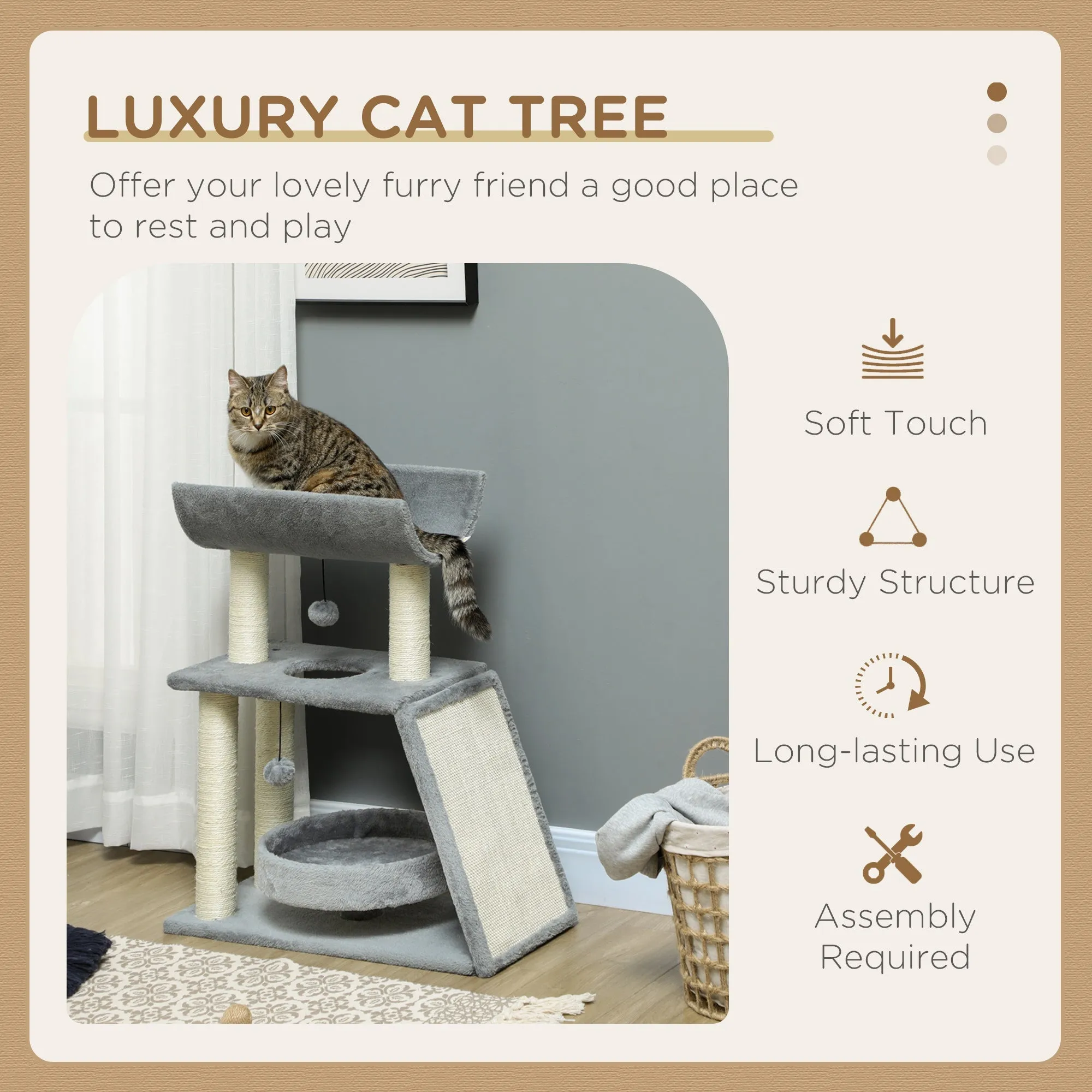 Cat Tree Tower with Scratching Posts Pad Bed Perch Toy Ball Light Grey