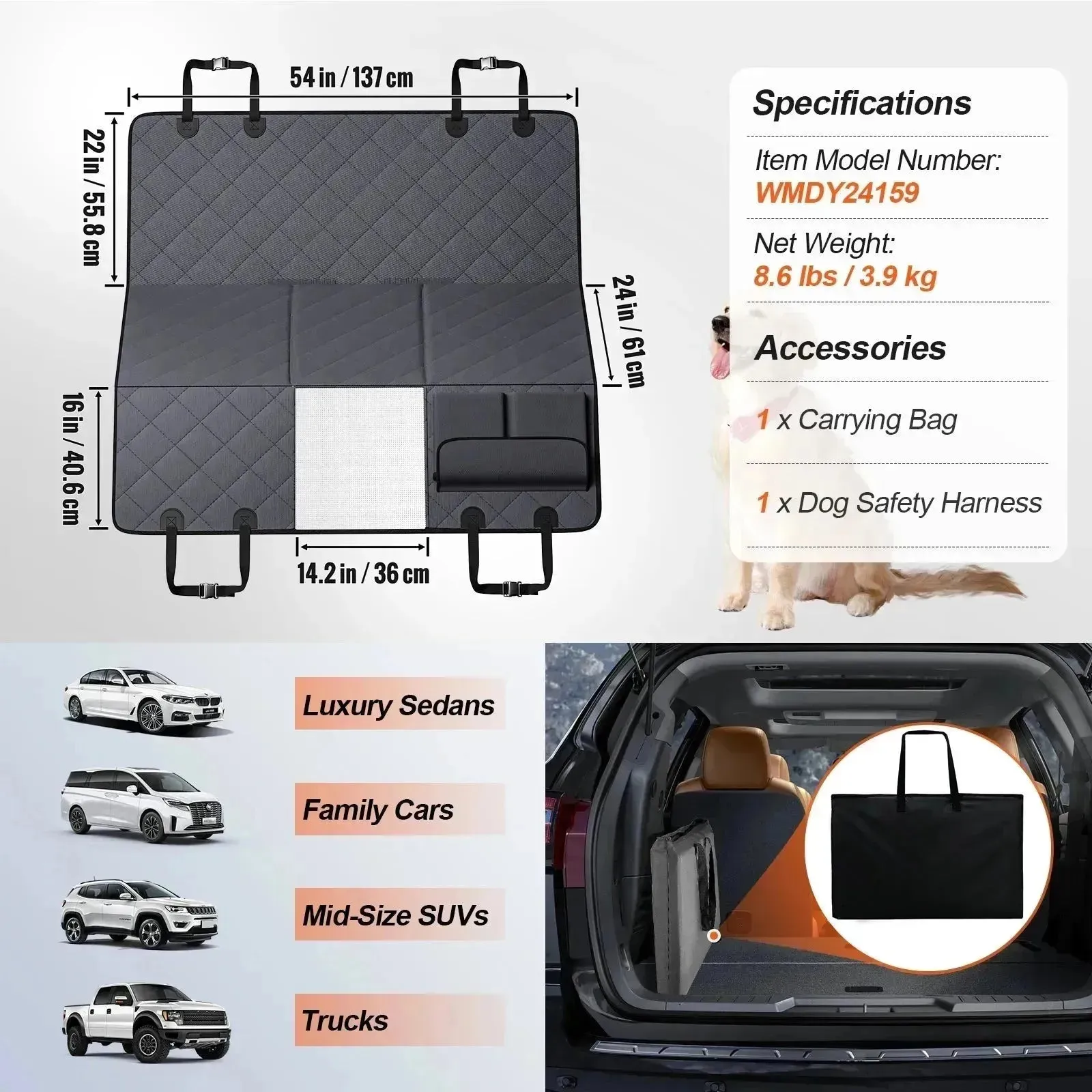 Hard Bottom Dog Car Seat Cover with Breathable Mesh, Supports 400lbs
