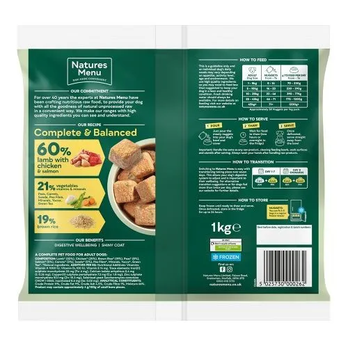 Natures Menu Frozen Dog Food Nuggets with Lamb Vegetables & Rice 1kg