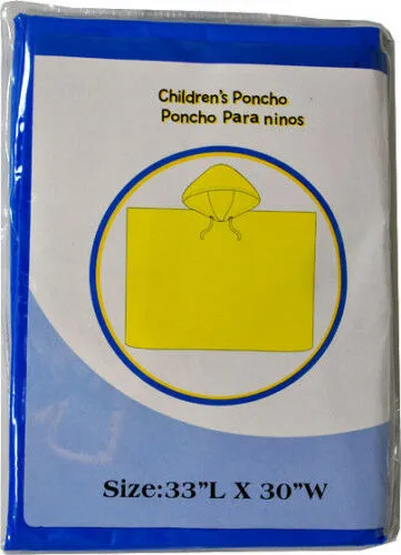 NEW Lightweight Vinyl Children Rain Poncho/ kids raincoat Blue/Yellow 33x30
