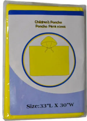 NEW Lightweight Vinyl Children Rain Poncho/ kids raincoat Blue/Yellow 33x30