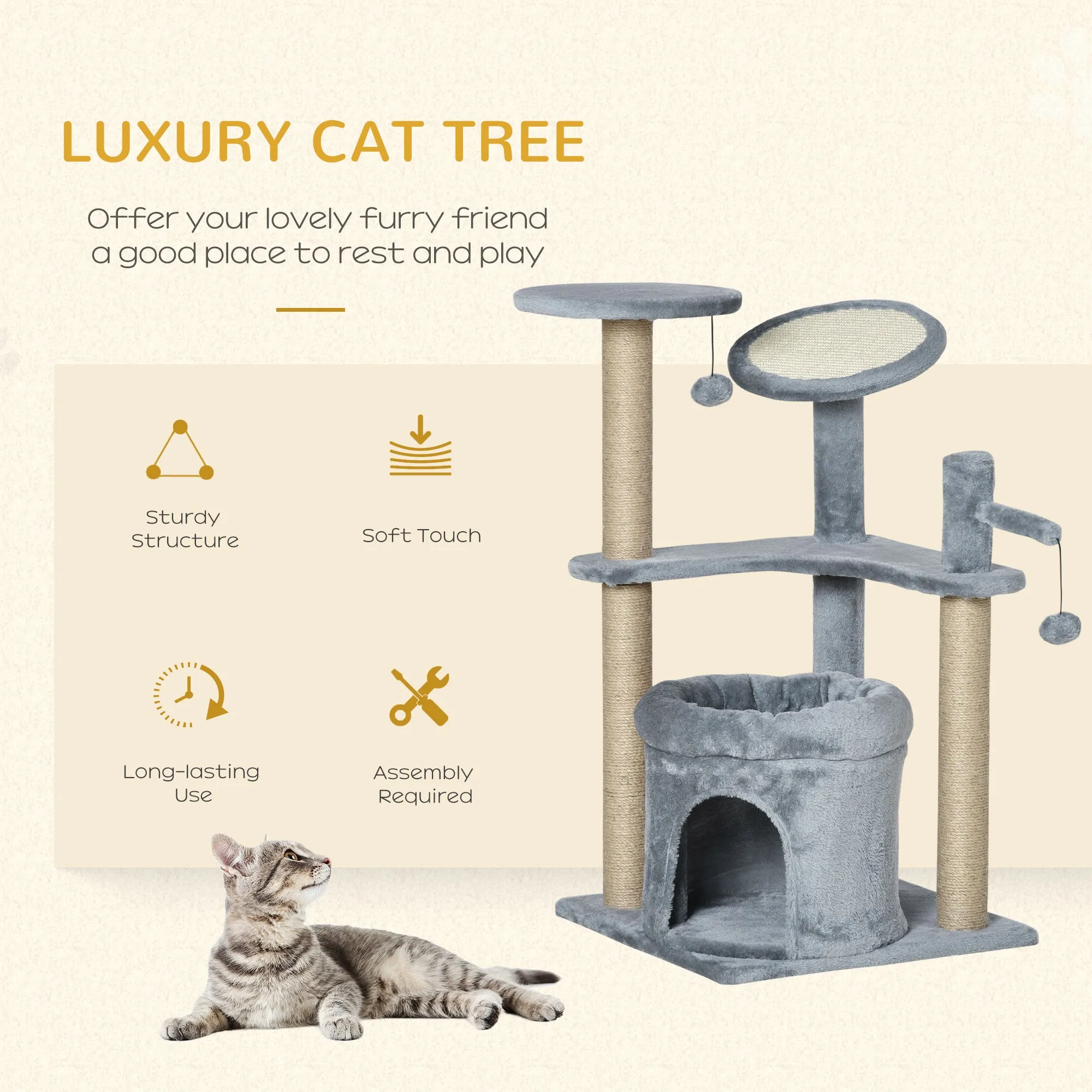 PawHut 87 cm Cat Tree Tower Activity Centre w/ Condo Scratcher Perch Ball Toy