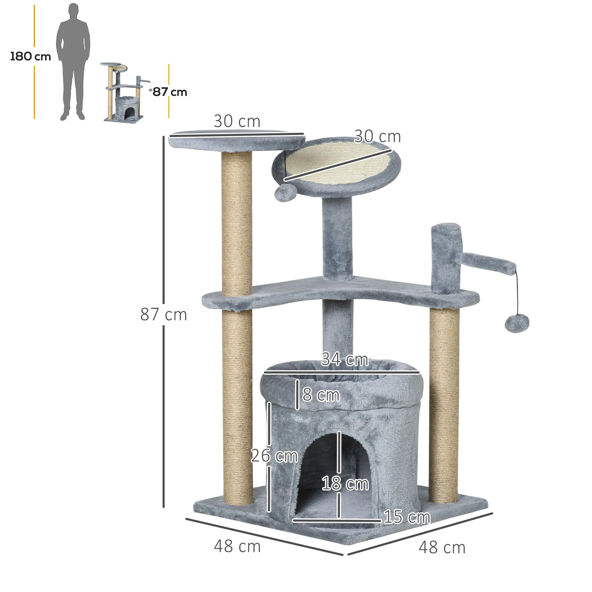 PawHut 87 cm Cat Tree Tower Activity Centre w/ Condo Scratcher Perch Ball Toy