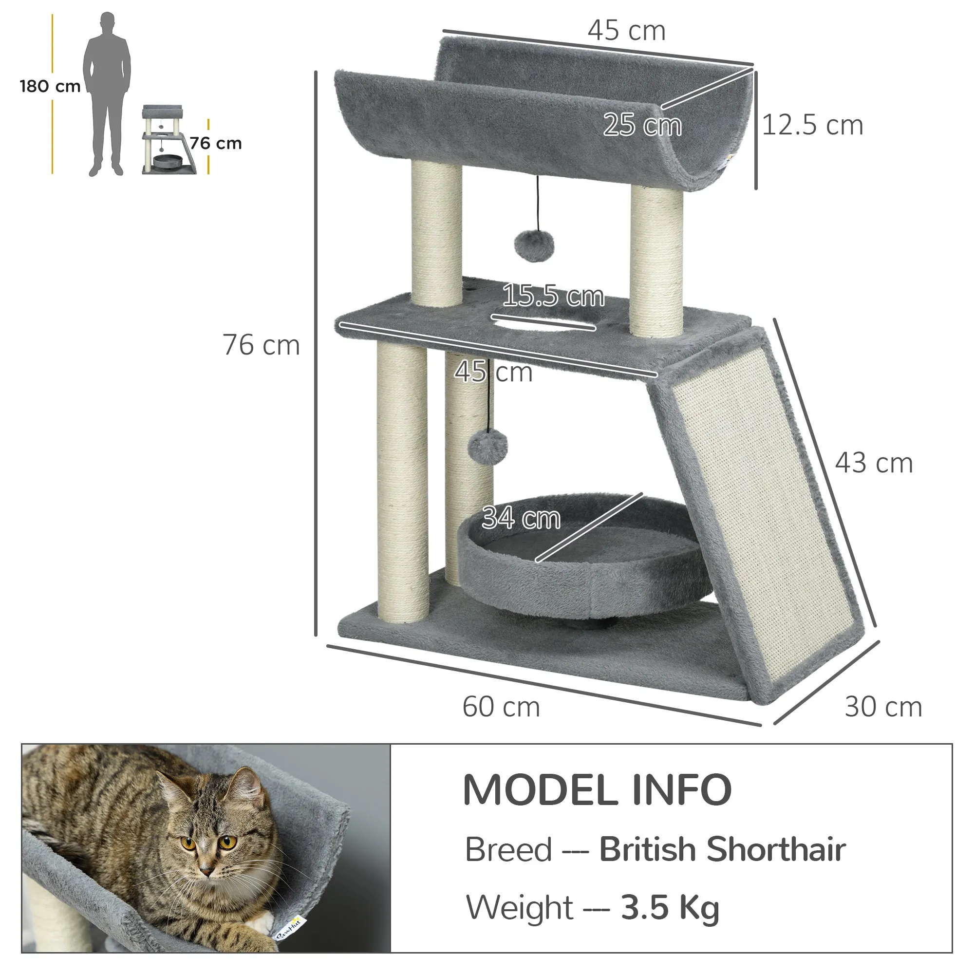 PawHut Cat Tree Kitten Tower w/ Scratching Post, Pad, Light Grey, Ball, Grey