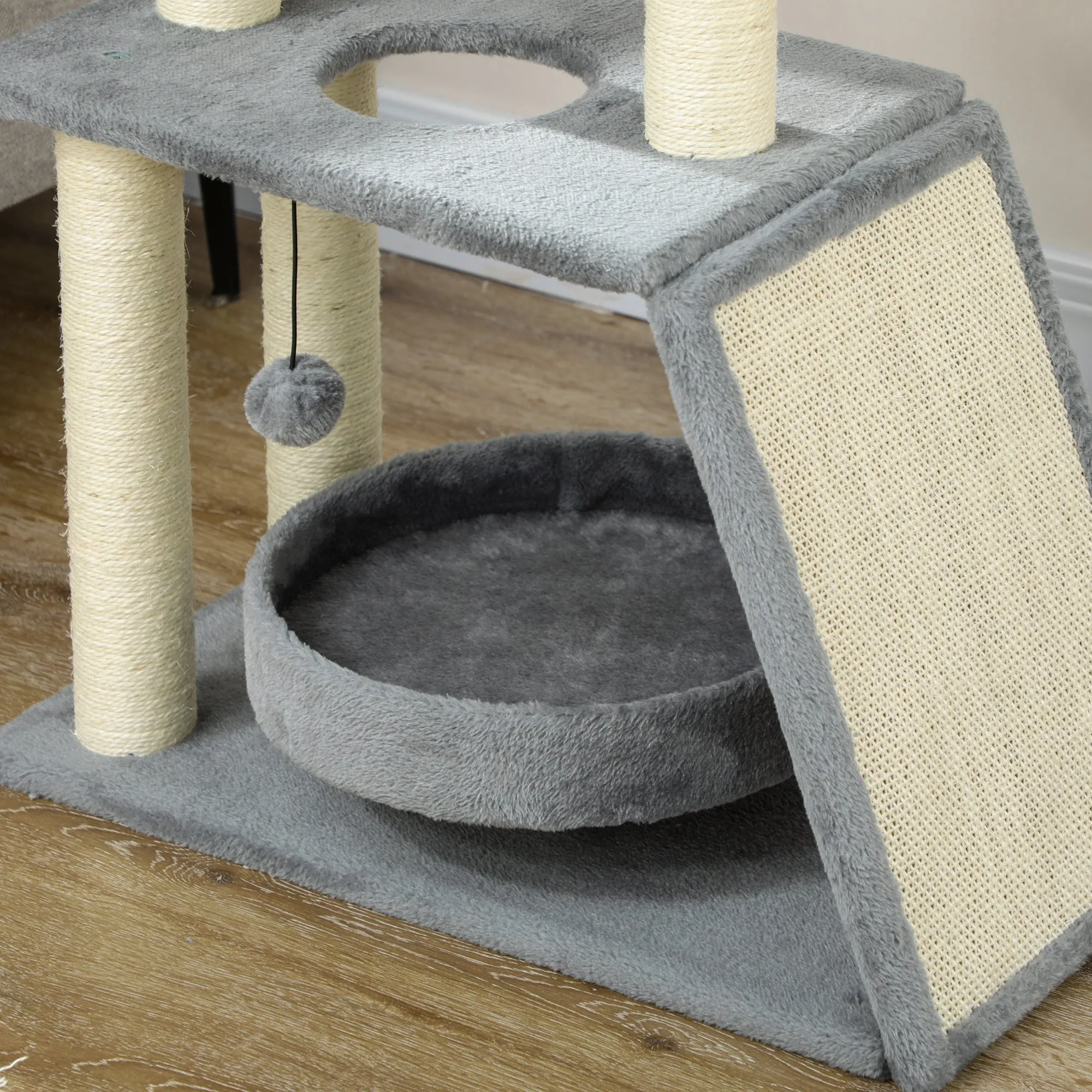 PawHut Cat Tree Kitten Tower w/ Scratching Post, Pad, Light Grey, Ball, Grey