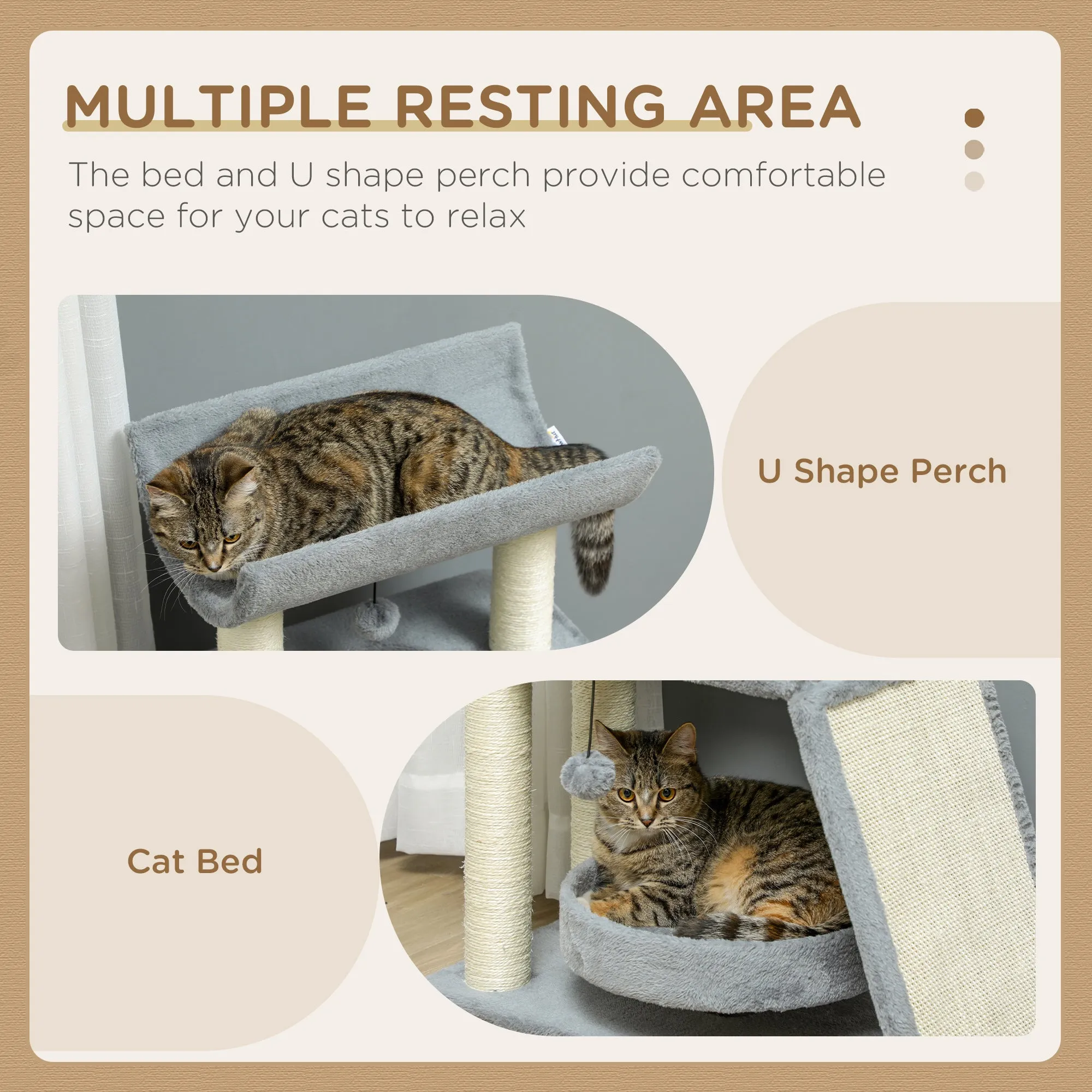 PawHut Cat Tree Kitten Tower w/ Scratching Post, Pad, Light Grey, Ball, Grey