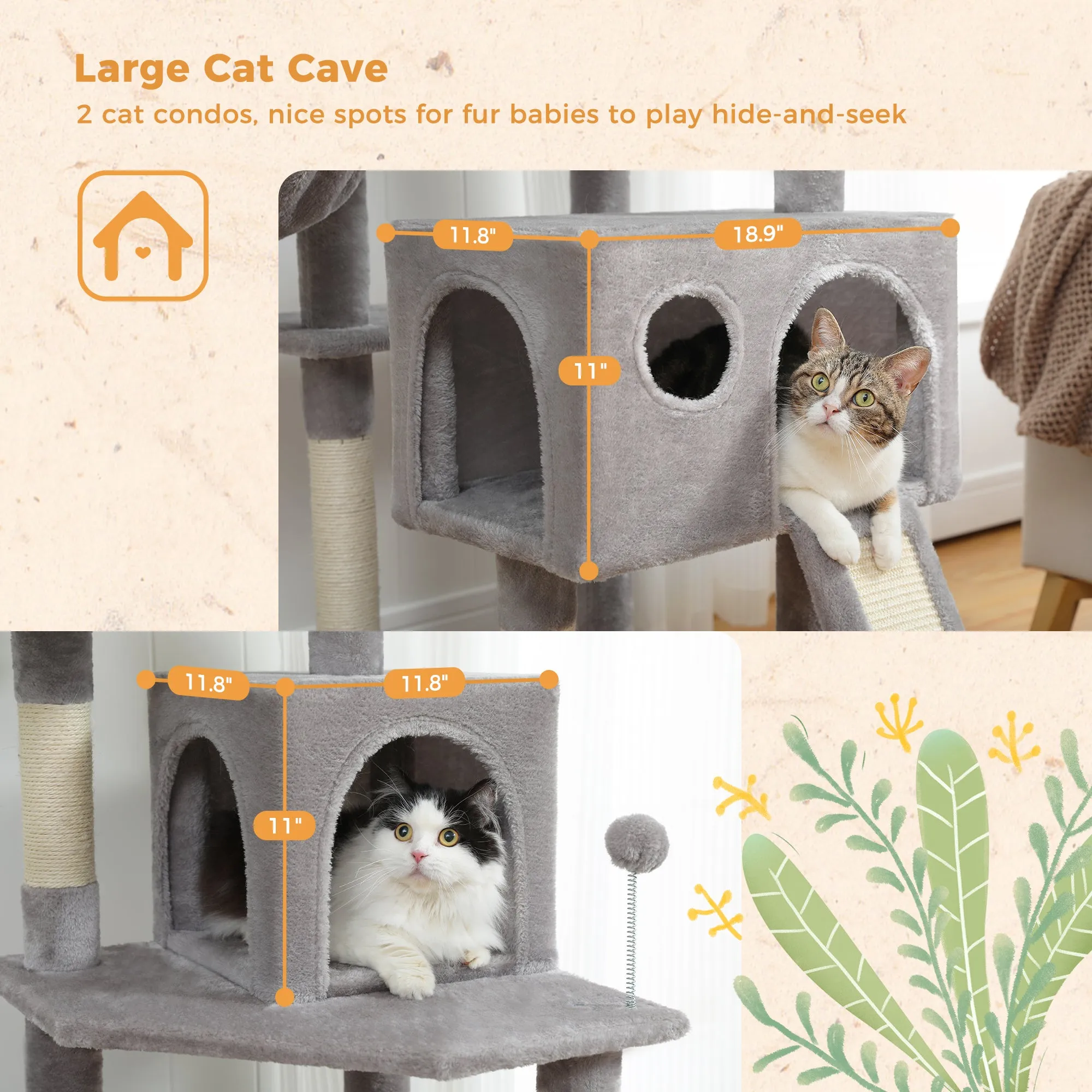 PAWZ Road 64" Multi-Level Plush Cat Tree Large Cat Tower