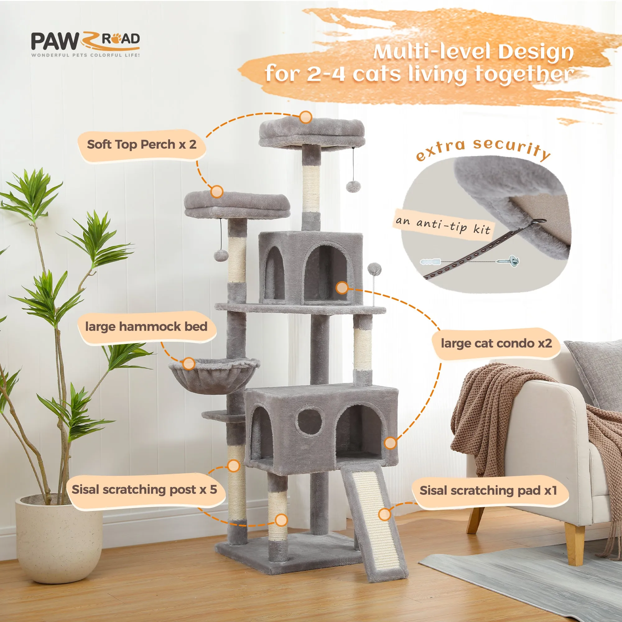 PAWZ Road 64" Multi-Level Plush Cat Tree Large Cat Tower