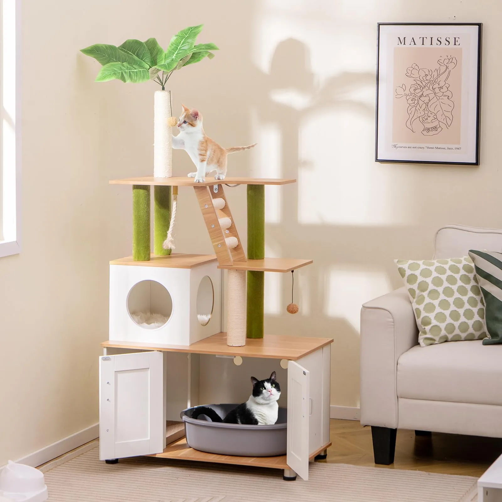 Tangkula Cat Tree with Litter Box Enclosure, 2-in-1 Cat Tower with Condo